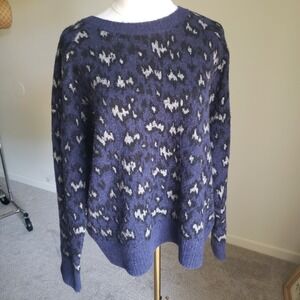 Athleta Hawthorn Leopard Print Black Blue Crew Sweater Wool Blend Pullover XL
